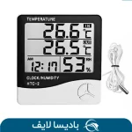 دماسنج و رطوبت‌سنج HTC-2 بادیسا لایف – نمایشگر LCD بزرگ، قابلیت نمایش دما و رطوبت محیط، همراه با ساعت و تقویم.